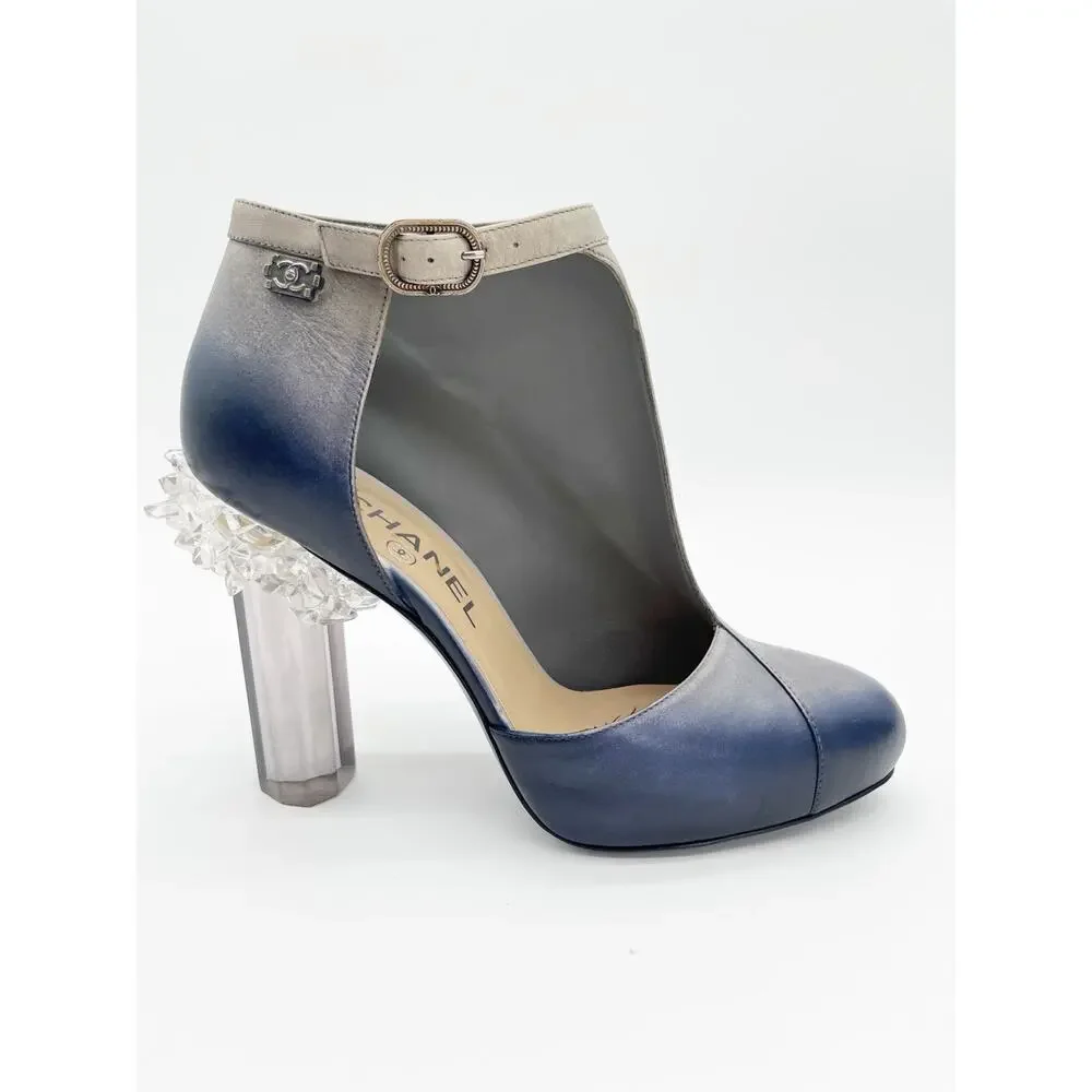 Chanel Fall 2012 Runway Navy Silver Ombre Leather Lucite Ice Crystal Heels EU 37